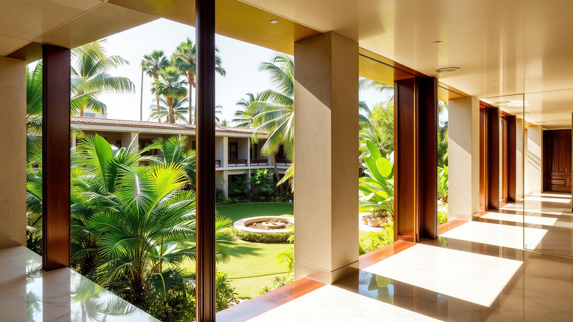 Sun-drenched marble corridor overlooking Garen's Garden courtyard